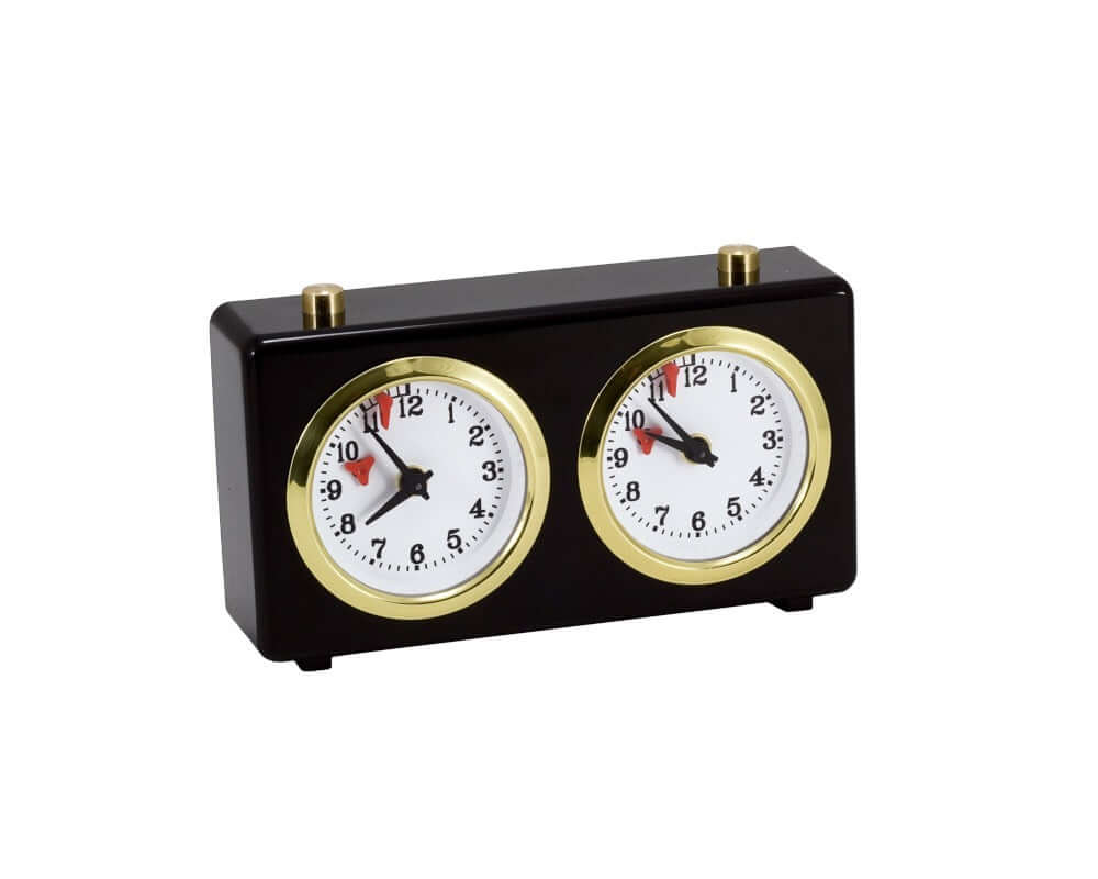Turnier Chess Clock - Black with traditional wind-up mechanism, glossy black plastic finish, and dual analog timers, perfect for beginners.