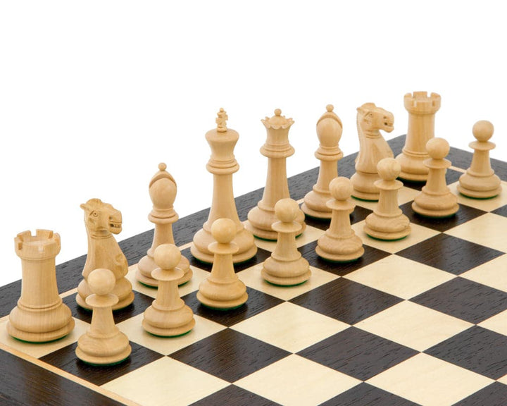 Victoria Ebonised Wenge Tournament Chess Set on wenge and birch board, beige chess pieces positioned for play, 3.75 inch king, tournament standard.