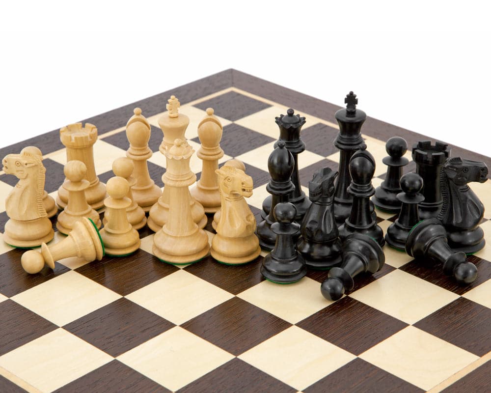 Victoria Ebonised Wenge Tournament Chess Set with 3.75 inch king, on wenge and birch wood board, perfectly balanced, with billiard cloth bases