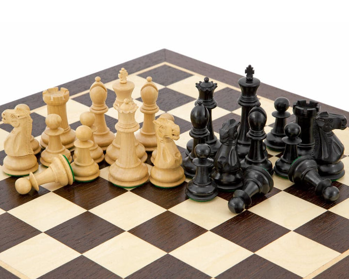 Victoria Ebonised Wenge Tournament Chess Set with 3.75 inch king, on wenge and birch wood board, perfectly balanced, with billiard cloth bases