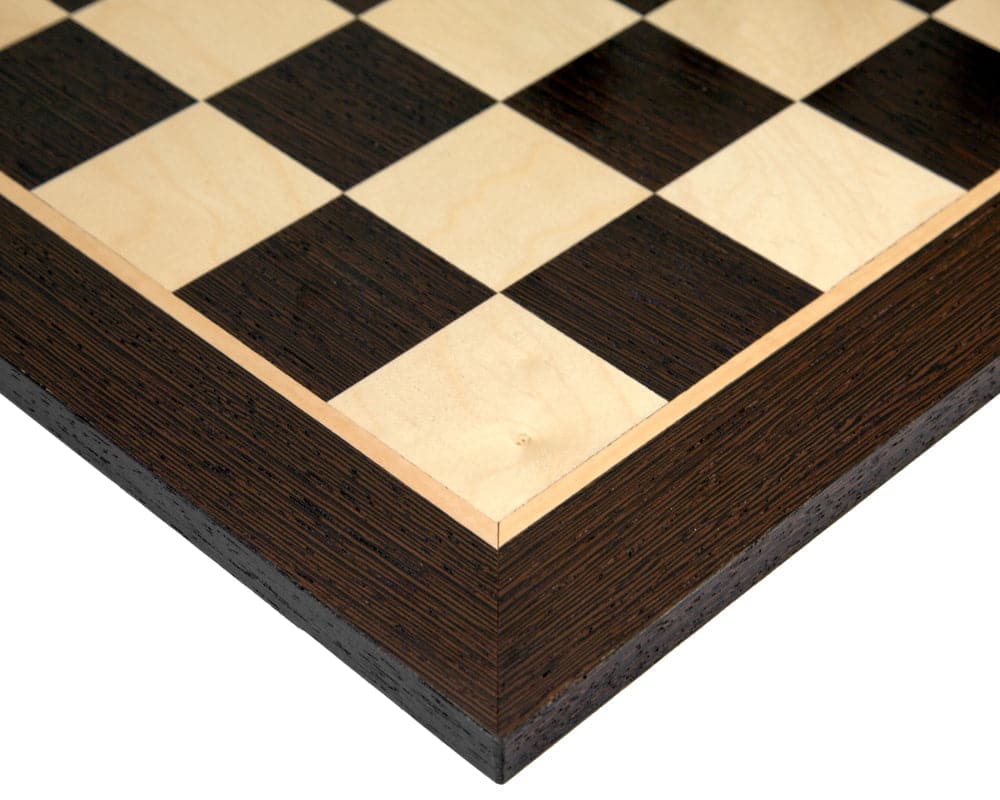 Close-up of Victoria Ebonised Wenge and Birch Wood Chess Board with intricate detailing and checkered pattern, perfect for tournament play.