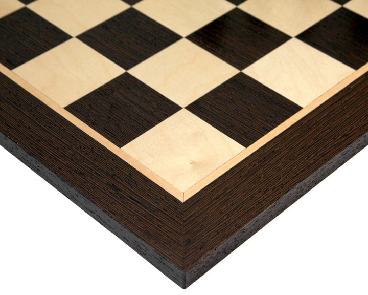 Close-up of Victoria Ebonised Wenge and Birch Wood Chess Board with intricate detailing and checkered pattern, perfect for tournament play.