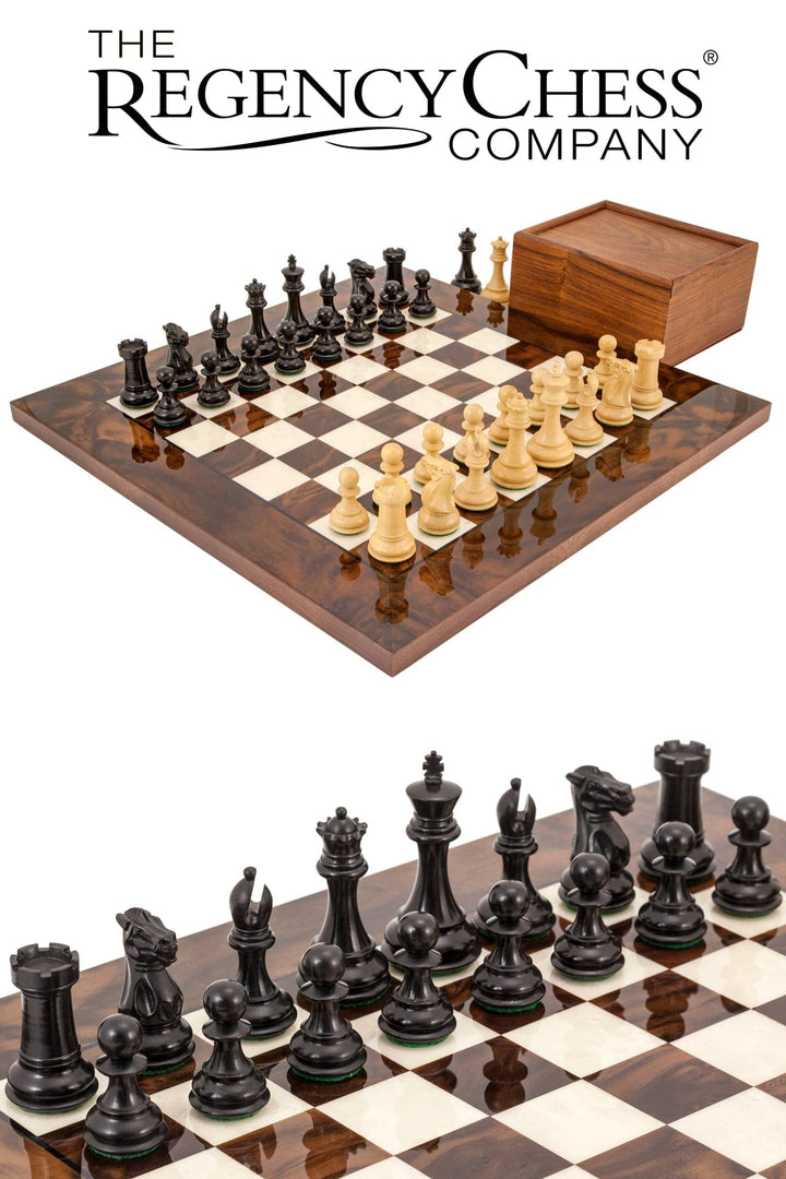 Highclere luxury ebony and walnut chess set with classic Staunton design on Italian board, accompanied by solid sheesham storage box