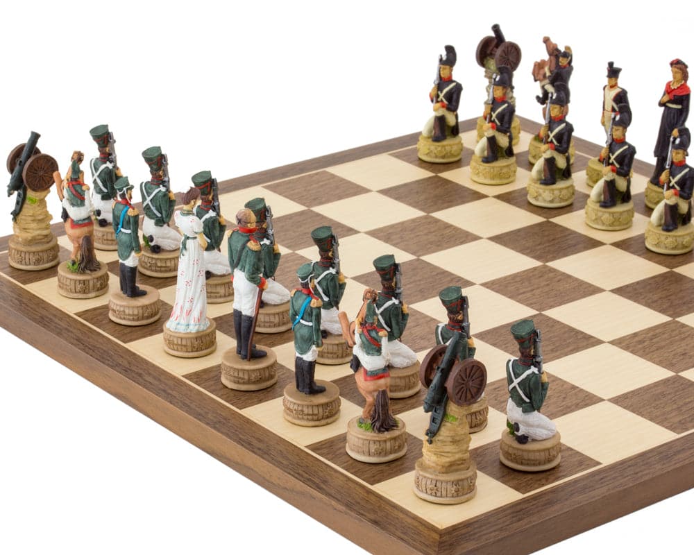 Hand-painted Napoleon vs Russians chess set showcasing intricately detailed historical figures and soldiers on a wooden chessboard.