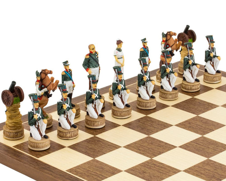 Hand-painted Russian army chess pieces from the Napoleon vs Russians Chess Set by Italfama, featuring detailed historical uniforms and cannons.