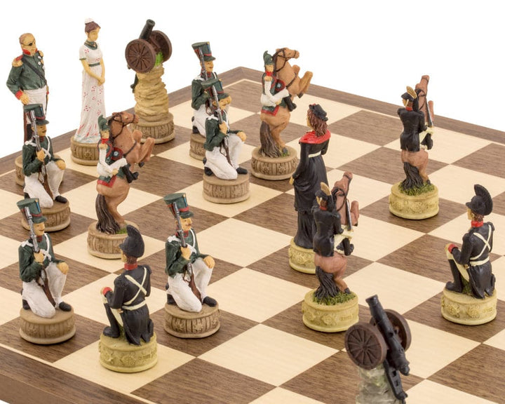 Hand-painted Napoleon vs Russians chess pieces on a wooden chess board, showcasing intricate historical figures and soldiers from the Napoleonic Wars.