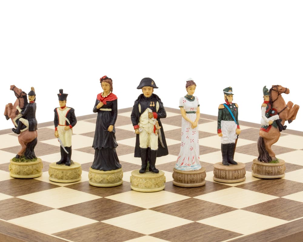 Napoleon vs Russians hand-painted chess set by Italfama featuring historical figures from the Napoleonic Wars on a chessboard