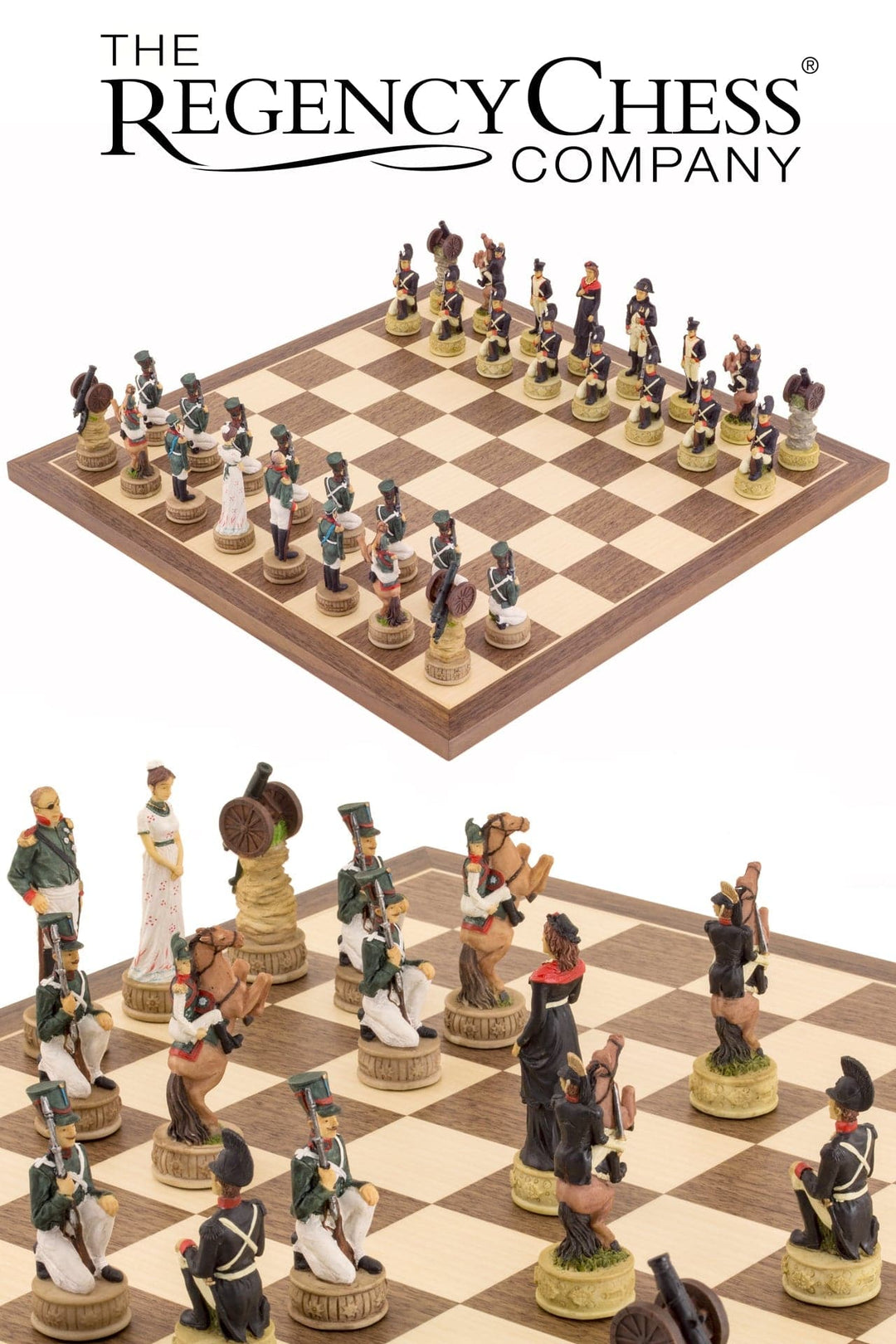 Napoleon vs Russians hand-painted chess set by Italfama showcasing historical figures from the Napoleonic Wars on a chessboard