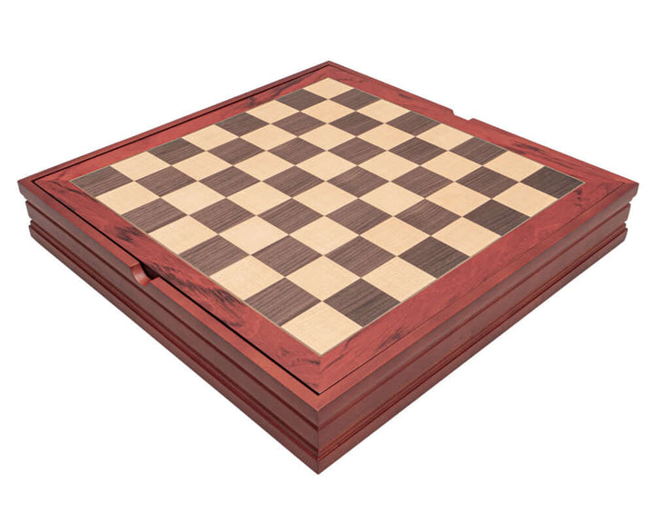 Italian chess piece case and board crafted in maple and walnut with hand-inlaid squares. Ideal for long-term storage of Italfama chess men.