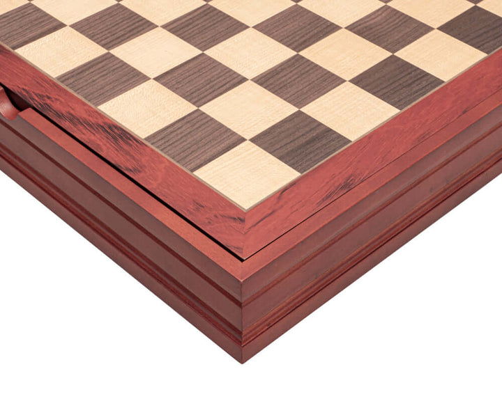 Handcrafted Italfama maple and walnut chess board with lift-off lid for piece storage, 14.5 inches with 1.57-inch squares.