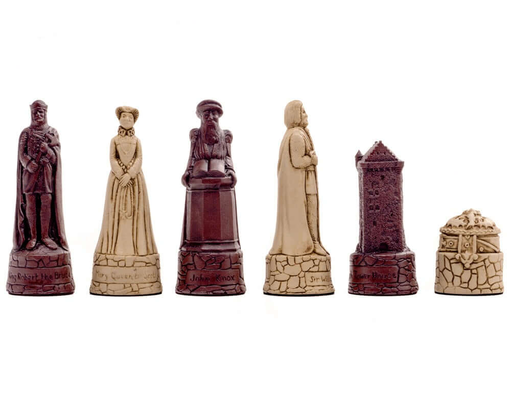 Berkeley Chess Scottish Russet Chess Men pieces featuring historical designs in deep russet and cream, crafted from solid crushed stone resin.