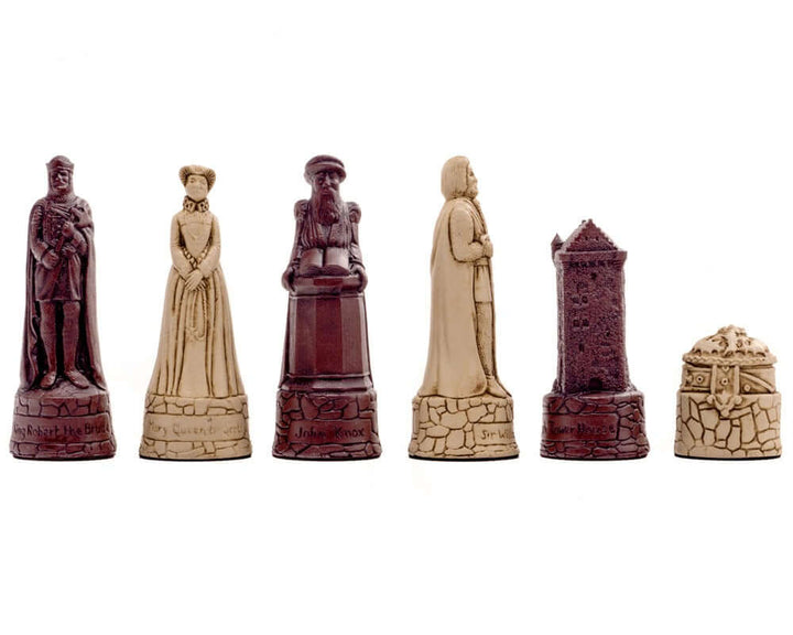 Berkeley Chess Scottish Russet Chess Men pieces featuring historical designs in deep russet and cream, crafted from solid crushed stone resin.