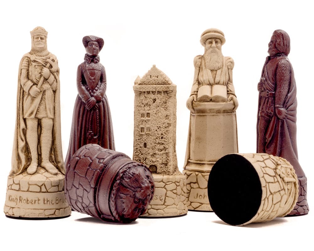 Berkeley Chess Scottish Russet Chess Men made of stone resin, featuring intricately sculpted historical figures with deep russet and cream finish.