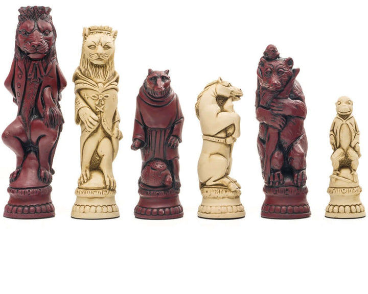 Hand crafted Berkeley Chess Reynard the Fox Cardinal Chess Men set with intricate details and towering 7.6 inch King, made of solid crushed stone resin.