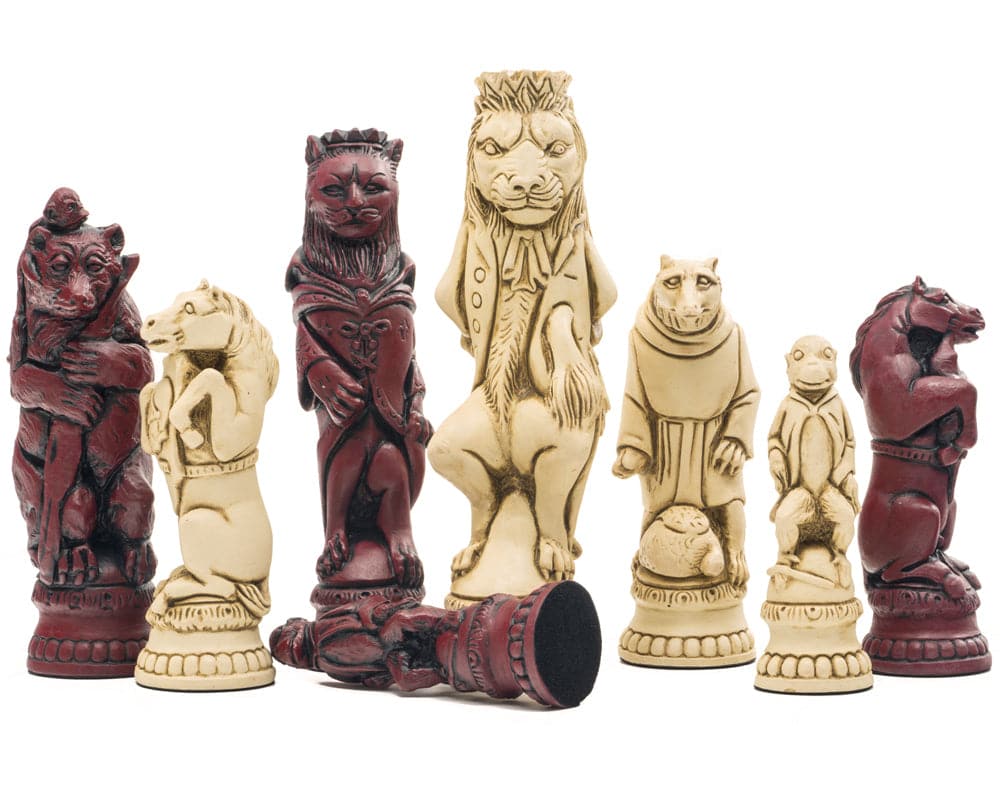 Berkeley Chess Reynard the Fox Cardinal Chess Men featuring detailed resin pieces, including a 7.6-inch King, hand crafted in the UK