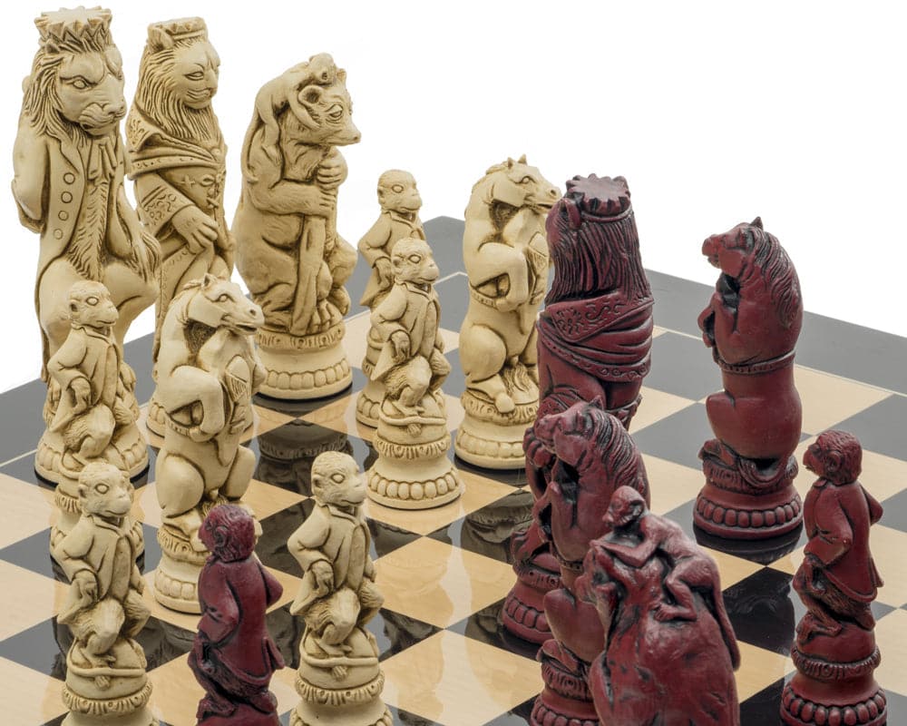 Berkeley Chess Reynard the Fox Cardinal Chess Men, detailed hand-crafted resin pieces on chessboard, featuring a towering 7.6 inch King.