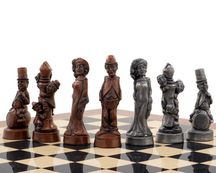 Berkeley Chess Movie Stars Metallic Chess Men - Handcrafted resin pieces with stunning metallic finish on a chess board.