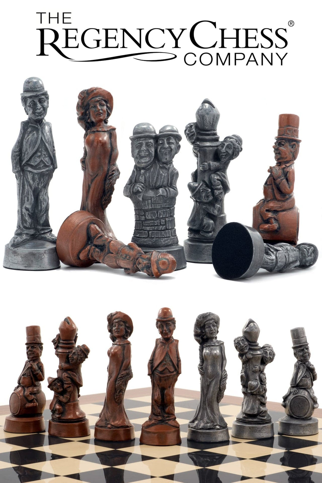 Berkeley Chess Movie Stars Metallic Chess Men with 5.25 inch King, handcrafted in the UK, featuring solid weighted resin pieces.