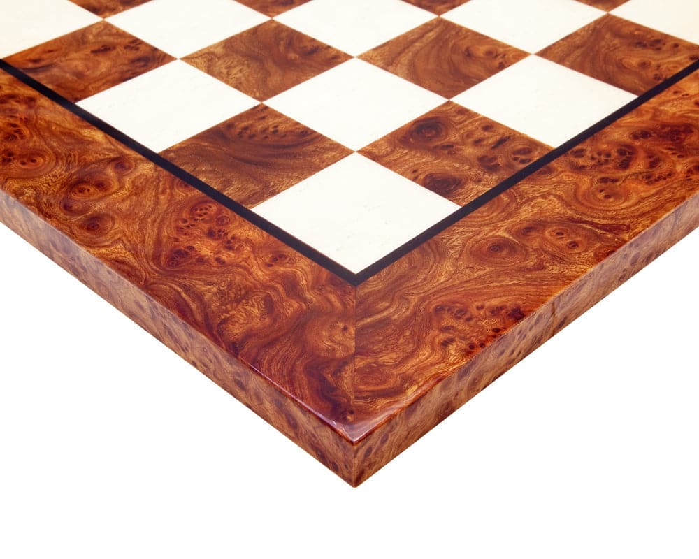 23.6 inch briarwood and elmwood luxury chess board with high gloss finish, 2.36 inch playing squares, crafted in Italy