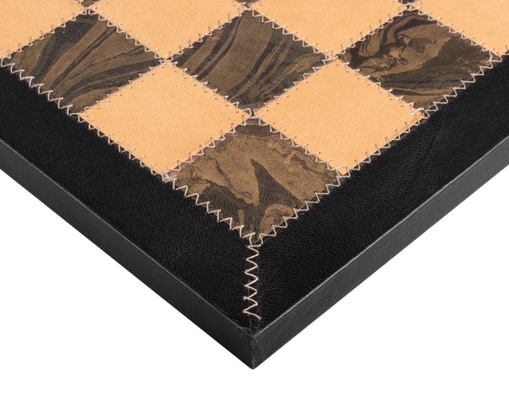 Close-up of artisan-crafted Italfama 16.5 inch Saluzzo genuine leather luxury chess board from Italy