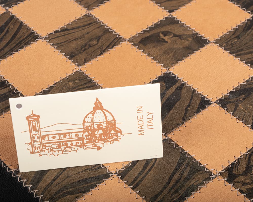 Handmade Italian Saluzzo genuine leather chess board by Italfama, showcasing premium craftsmanship and a "Made in Italy" tag.