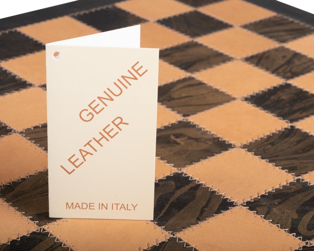 Handmade 16.5 inch Saluzzo genuine leather luxury chess board from Italfama, featuring a "Genuine Leather Made in Italy" tag.