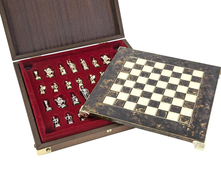 Manopoulos Greek Roman Army metal chess set with brass and nickel pieces in a wooden case, featuring classic ancient Greek and Roman characters.