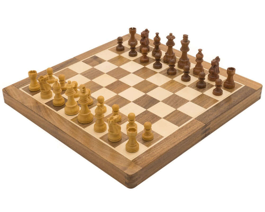 Deluxe Hardwood Folding 14 inch Chess Set with magnetic pieces and hand-finished inlays, perfect for travel and on-the-go chess games.