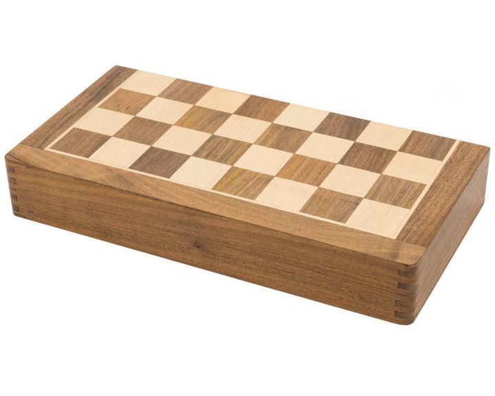 Deluxe hardwood folding travel chess set with magnetic closing mechanism and 14 inch inlaid wood board.