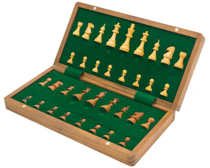 Deluxe Hardwood Folding Travel Chess Set with Magnetic Pieces and Inlaid Wooden Board Inside Green Felt Lining Case