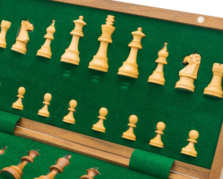 Deluxe Hardwood Folding Travel Chess Set with magnetic pieces and polished travel-friendly design.