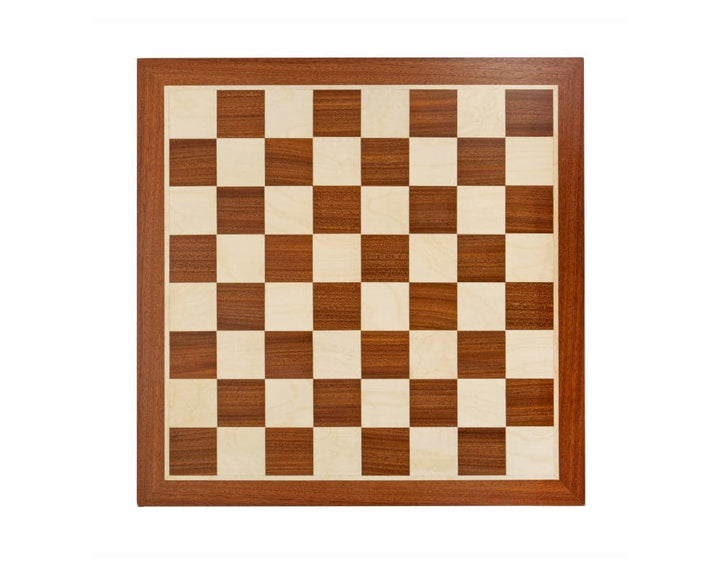 21.3 inch chess board with inlaid mahogany and birch, featuring 2.3 inch playing squares and a modern design without notation.