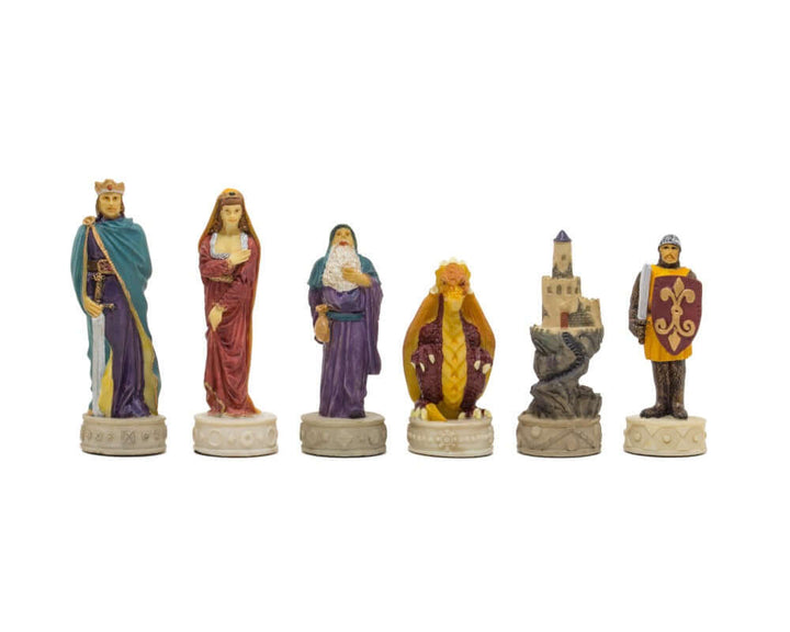 Hand-painted Medieval-themed chess pieces by Italfama with intricate detail, perfect for a 16-inch board, featuring regal and stately designs.