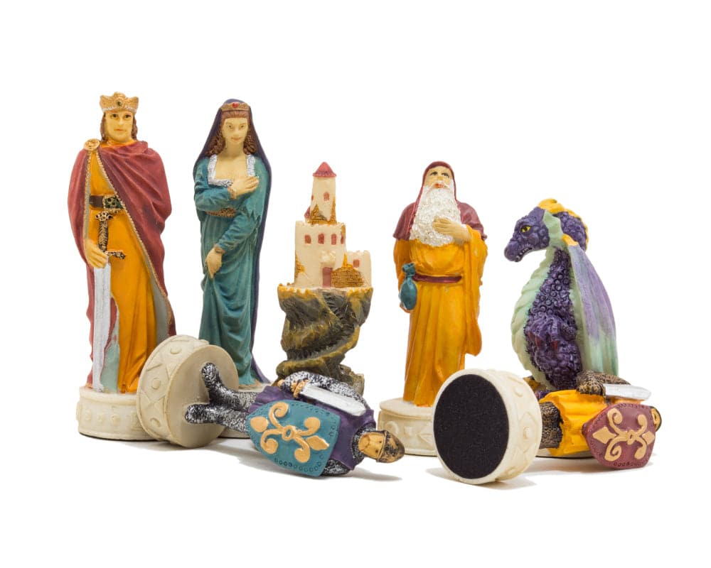 Medieval hand-painted chess pieces by Italfama in regal red and orange or stately blue and purple, featuring exquisite detail and a 3.25 inch king