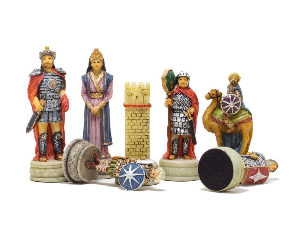 Hand painted Roman and Arab themed chess pieces by Italfama featuring intricate details and a 3.25 inch king.