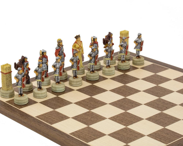 Roman themed hand painted chess pieces by Italfama displayed on a chessboard, featuring detailed historical Roman figures.