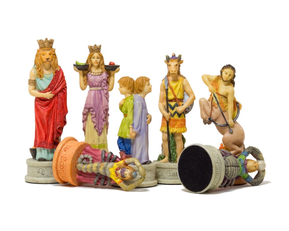 Hand painted Zodiac Italian themed chess pieces by Italfama, featuring detailed kings, queens, and pawns made from crushed stone composite.