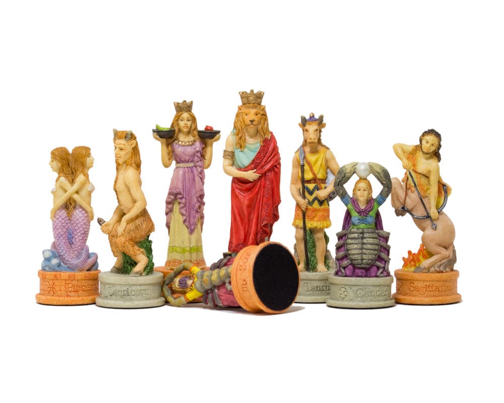 Hand painted Zodiac Italian chess pieces by Italfama, showcasing intricate designs of Leo and Aquarius kings, ideal for 15.75 inch board