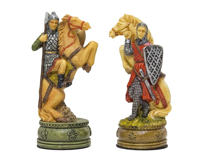 Hand-painted King Arthur-themed chess pieces by Italfama, featuring intricately detailed knights on horseback, crafted from resin.