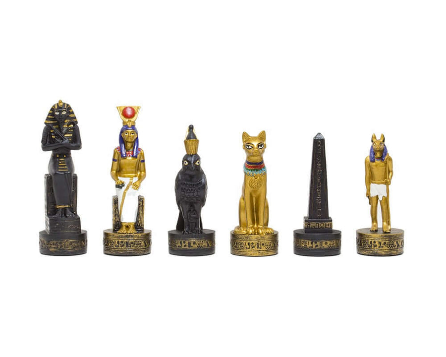 Ancient Egypt hand-painted themed chess pieces by Italfama in gold and black, including various Egyptian figures, 3.25 inch king.