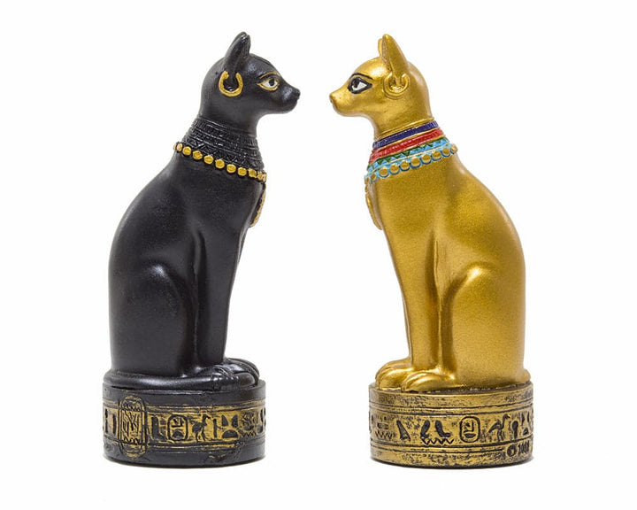 Ancient Egypt hand painted chess pieces by Italfama - black and gold cat pieces with intricate designs