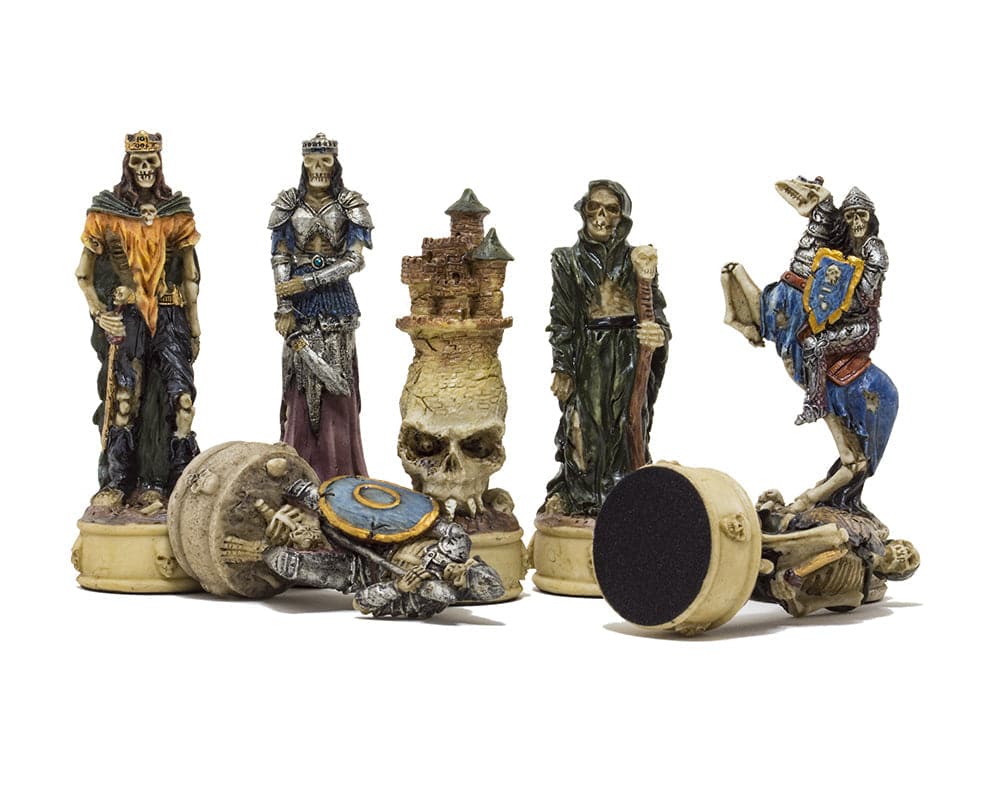 Hand-painted Zombie-themed chess pieces by Italfama, ideal for a 16 inch board, exquisitely crafted in Italy with intricate macabre designs.