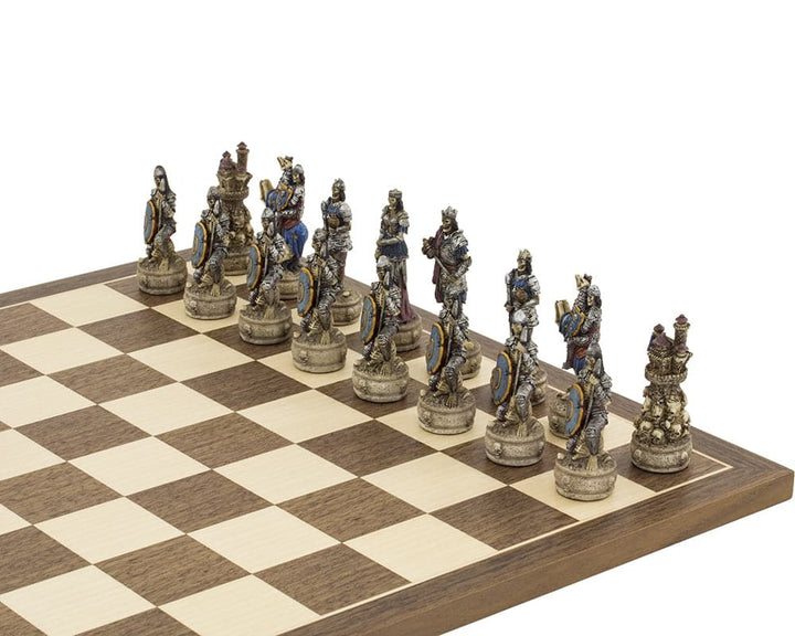 Hand-painted Zombie-themed chess pieces by Italfama on an ornate 16-inch board, featuring a 3-inch King with exquisite detail and felted bases.