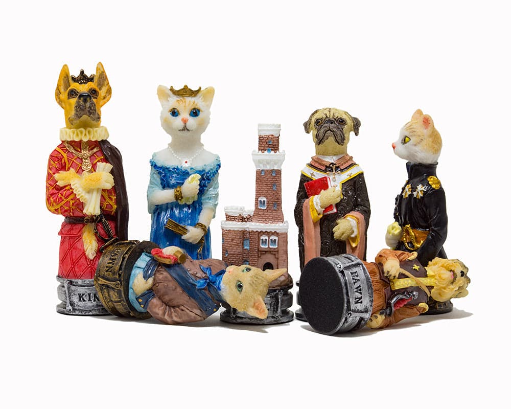 Hand-painted Cats Vs Dogs themed chess pieces by Italfama featuring Great Dane king, spaniel queen, and detailed pawns. Made in Italy.