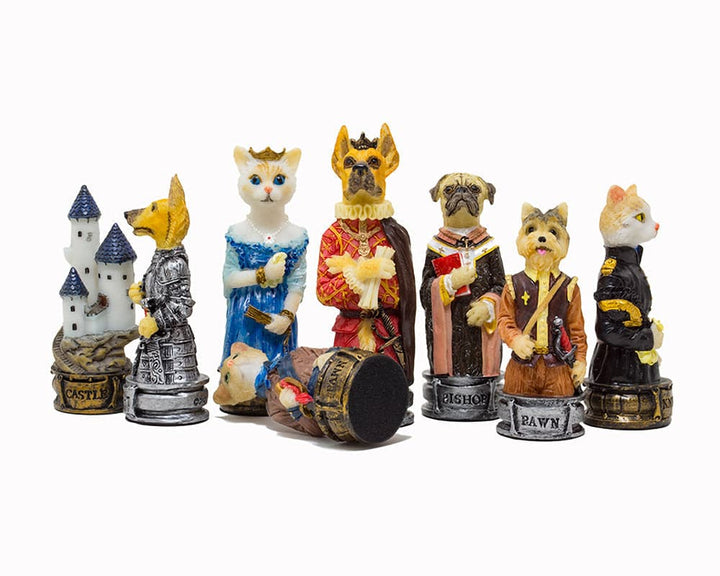 Hand-painted Cats Vs Dogs themed chess pieces by Italfama, featuring detailed and beautifully crafted dog and cat breeds as chess pieces. Made in Italy.