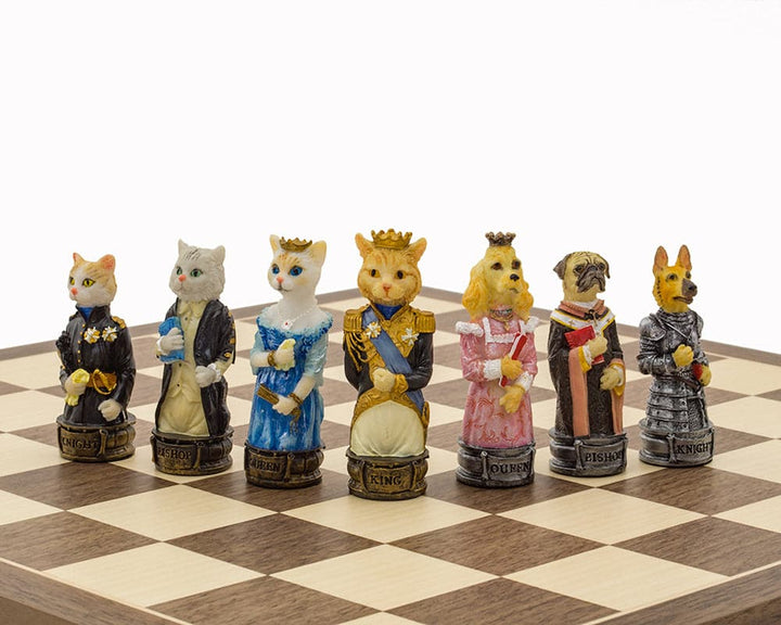 Hand-painted Cats Vs Dogs themed chess pieces on a chessboard featuring detailed cat and dog figures as chess characters by Italfama.