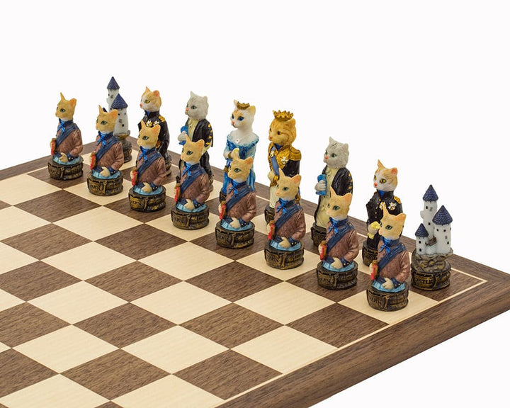 Hand-painted Cat chess pieces on a wooden chess board by Italfama, made in Italy, ideal for 16-inch boards, featuring superb detail