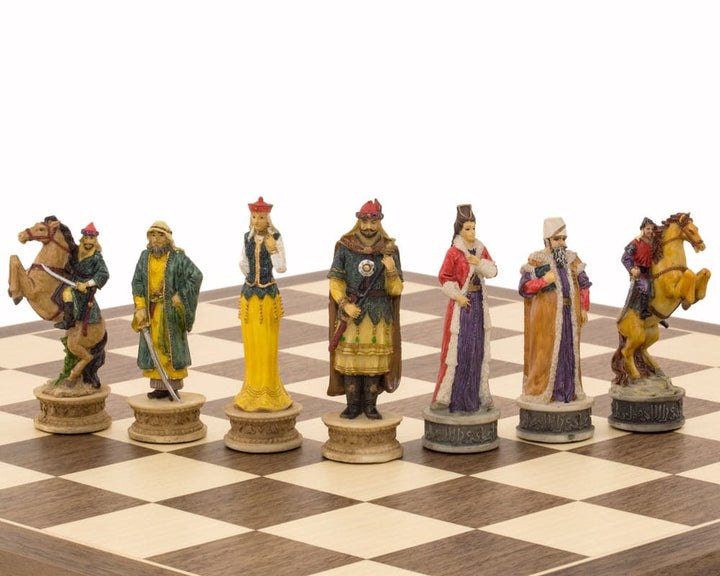 The Hungarians vs Turkish hand painted themed chess pieces by Italfama displayed on a chessboard