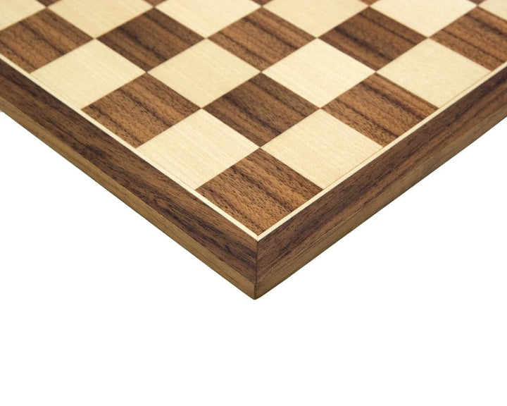 Close-up of 13.75 inch Walnut and Maple Chess Board with 1.5 inch playing squares, crafted in Spain by Rechapados Ferrer S.A.