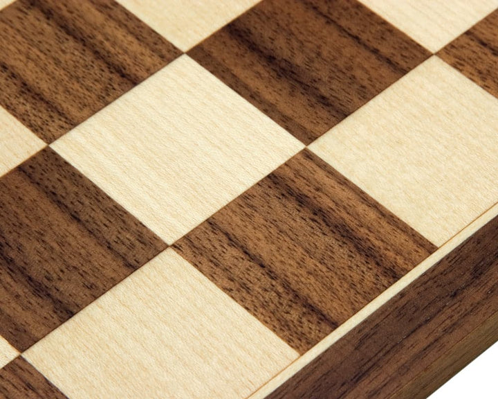 Close-up of 13.75 inch Walnut and Maple chess board crafted by Rechapados Ferrer S.A. with 1.5 inch playing squares.